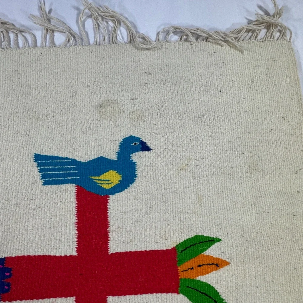Vintage Mexican Zapotec Wool Rug Tree of Life Bird Folk Art Wall Hanging 29x50